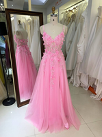Robes de bal roses en gros 2026 2027 – Robe de soirée en dentelle florale 3D, corset perlé, tulle, coupe trapèze – Fournisseur d'usine
