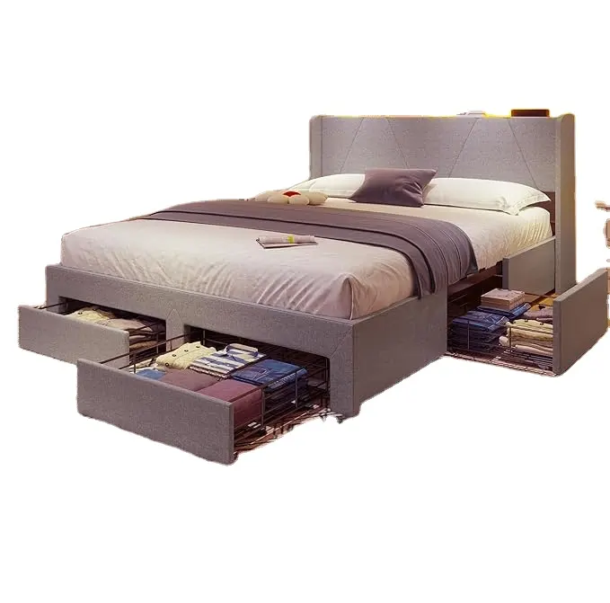 Queen Bed Frame with Storage Headboard   4 Drawers  LED Upholstered Bed Frame with Charging Station  Light Grey