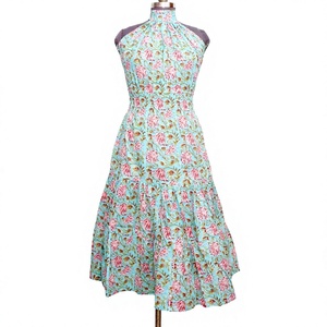 Vestido Midi Halter sin Mangas con Estampado Floral para Mujer, Casual, Verano, Tejido Transpirable, Volantes, Dobladillo Acampanado - Product Image 1