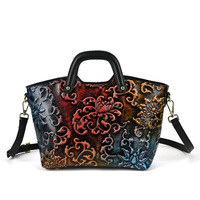 Sac à main pour femme en cuir véritable de style rétro chinois, sac fourre-tout en cuir de vachette de première couche, fermeture éclair, technologie de frottement de couleur, gaufrage