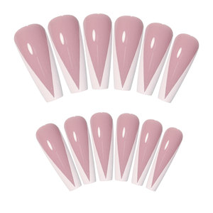<span class=keywords><strong>Uñas</strong></span> postizas al por mayor, largas, estilo ataúd, con base de gel nude transparente, puntas francesas blancas en V, set de <span class=keywords><strong>uñas</strong></span> postizas de cobertura completa. - Product Image 5