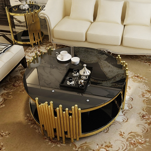 Lusso moderno Mesa De Centro lato <span class=keywords><strong>oro</strong></span> lato tè tavolo da bere mobili in metallo <span class=keywords><strong>vetro</strong></span> piano rotondo tavolino da salotto - Product Image 2