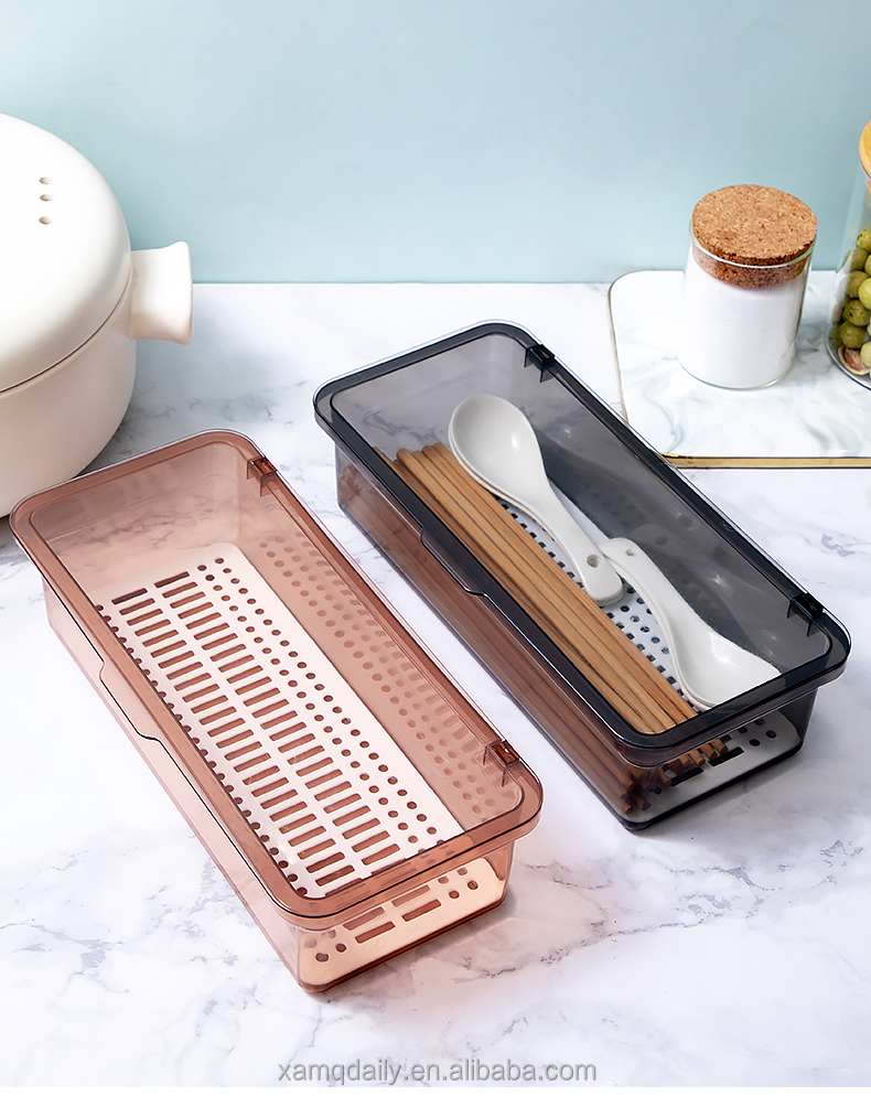 Multi-function chopsticks box household transparent belt cover drain chopsticks cage kitchen dustproof tableware storage box