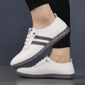 Aoweizhi Men's Summer Lace-Up Casual Round Toe Leather Shoes <b>Rubber</b> Outsole Anti-Slip Driving Embossed Logo Solid Color Striped - Product Image 3