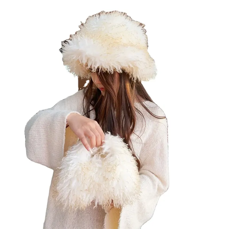 Tas bahu bulu palsu wanita, tas jinjing berbulu halus dan topi bulu musim dingin untuk perempuan