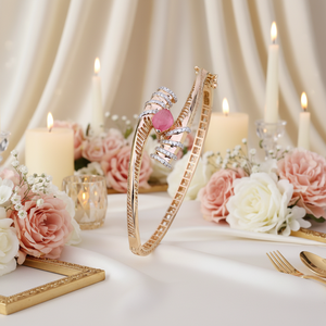 Elegante brazalete dorado para mujer con piedra preciosa rosa y detalles de diamantes, joyería de diseñador perfecta para bodas, fiestas y uso diario. - Product Image 2