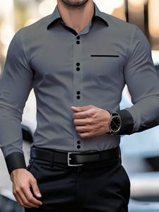 <span class=keywords><strong>Chemise</strong></span> <span class=keywords><strong>Homme</strong></span> Décontractée à Col Color Block Perlé, Manches Longues, Coupe <span class=keywords><strong>Slim</strong></span>, Infroissable, Patchwork Noir et Blanc, Tendance - Product Image 4
