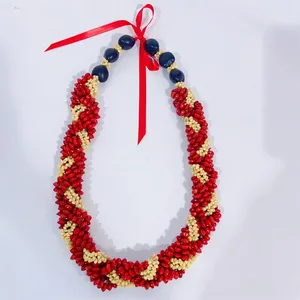 Fashion Hawaiian Lopa Seeds Yellow Mongo Shell Necklace Red Beans Acacia Beans with Natural Kukui Nuts Leis