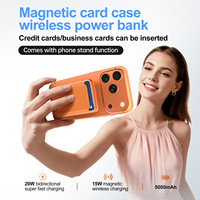 Porte-cartes magnétique en cuir certifié FCC/CE avec support intégré, batterie externe sans fil 15W, sortie 20W, protection contre les surcharges, 5000mAh, cadeau