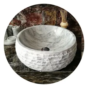 Carrara White Hochglanz polierte natürliche runde Marmorstein-Wasserschale Hotel Steinbecken Home Water Vessel Sinks