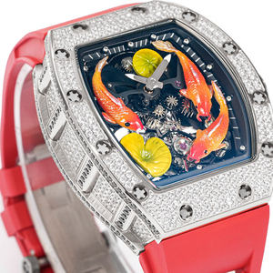 Luxury Diamond Bezel Tonneau Watch 3D Koi Fish Dial with <b>Red</b> Rubber Strap - Product Image 2