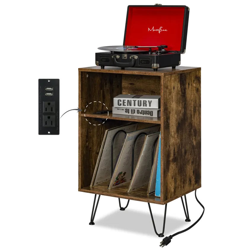 New Mid Century Rustic Wood Storage Vinyl Record Player Stand with Charging Station and Metal Legs