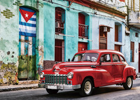 Décor de fond Cuba Havana, drapeau cubain, voiture bleue vintage classique, palmiers, décorations de fête Cuba Havana, bannière