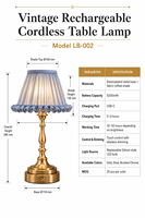 Lampe de table sans fil rechargeable DC de luxe, écologique, 5200 mAh, abat-jour en tissu plissé, à intensité variable tactile, pour hôtel, café, restaurant