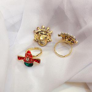 หน้ากากงิ้วปักกิ่งสไตล์จีนสำหรับผู้หญิง แหวนนิ้วชี้ประดับคริสตัลสีแดงและมุก ชุบด้วยไฟฟ้า สไตล์เกาหลี แบบคนดังในอินเทอร์เน็ต - Product Image 4