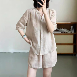 <b>Linen</b> Cotton Women's Shorts <b>Set</b> Three Quarter Sleeve Button Front Casual Summer Outfit Solid Color Plus Size - Product Image 3