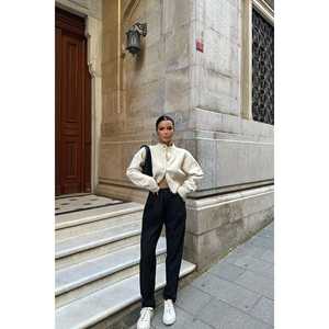 กางเกงขายาวทรงขาบานเอวยางยืดสีดำสำหรับผู้หญิง ผ้าคอร์ดูรอยระบายอากาศได้ดี กางเกงลำลองแฟชั่นทันสมัย ผ้าทอ - Product Image 3