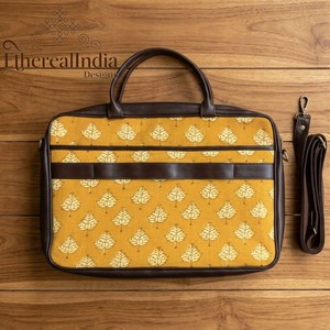 Bolso para portátil con estampado de bloques verdes, hecho a mano, de algodón, bolso de oficina con correa, bolso de mensajero étnico para el trabajo. - Product Image 3