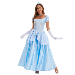 Robe de princesse bleue Sissi pour femmes adultes, costume fantaisie avec gants et couronne pour fête d'Halloween - Product Image 1