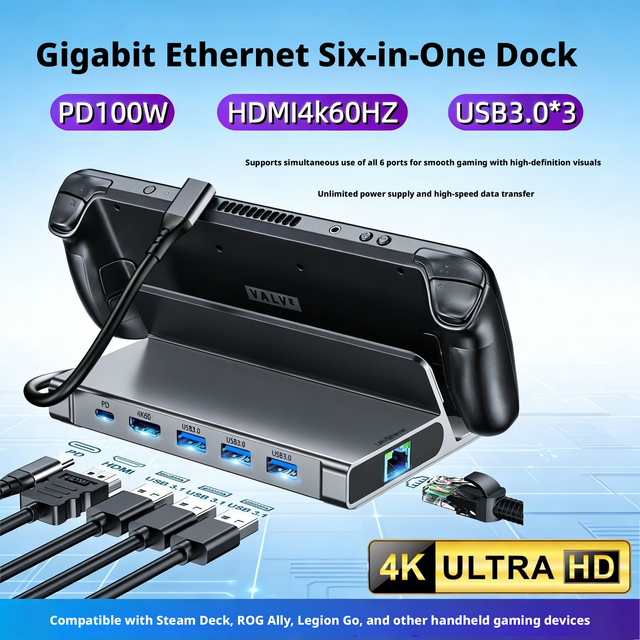 6-in-1 USB-C Hub Steam Deck Holder RJ45 1000M 2.1 4K 60Hz 3 USB 3.0 Ports Aluminum Alloy Dock Station No Plug Required Stock