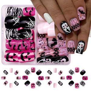 48 mảnh ngắn màu hồng sáng Bóng Halloween các loại Báo Chí trên móng tay lời khuyên dễ dàng ứng dụng cho ngón tay - Product Image 5