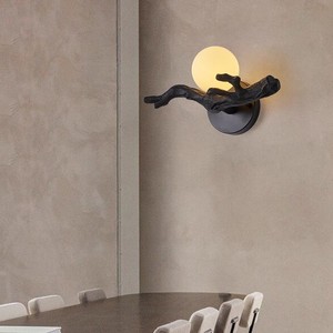 Lámpara de pared Wabi Sabi, diseño de rama de resina, pantalla redonda de vidrio, estilo japonés retro para dormitorio o pasillo - Product Image 1