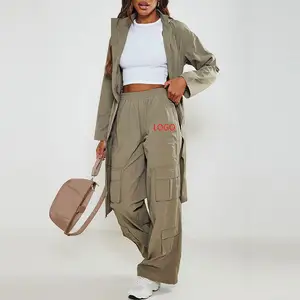 Oversize Fit Ladies Khaki Elastic Waist Trousers Fashion Wholesale Custom Logo Cargo Straight Pants For Women