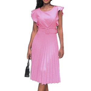 Abito Estivo da Donna con Maniche a Volant, Tinta Unita, Plissettato, Elegante e Semplice per Ufficio, con Cintura - Product Image 1