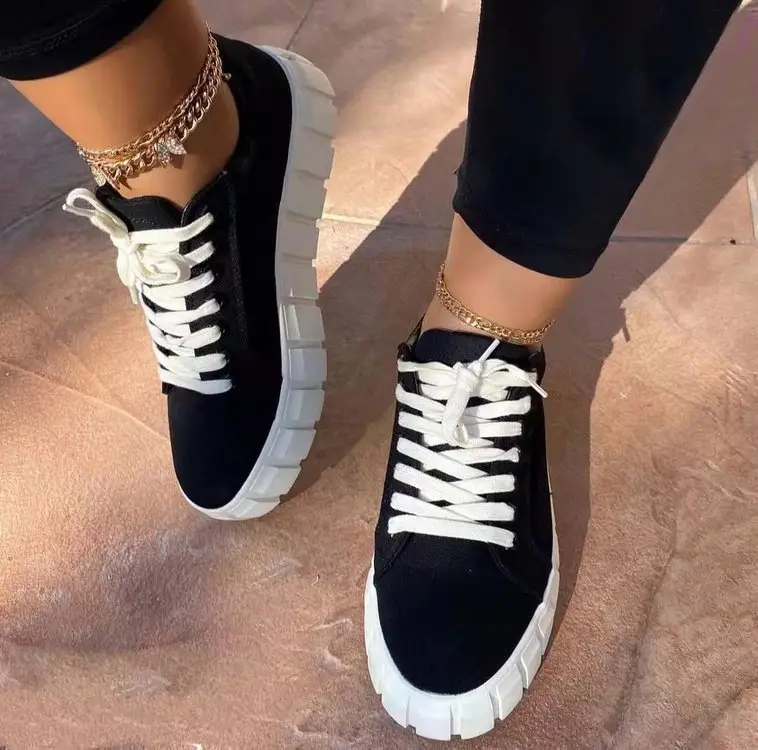 new fashion trend large size comfortable lady platform loafers casual sports flat shoes lace up canvas shoes women's sneakers