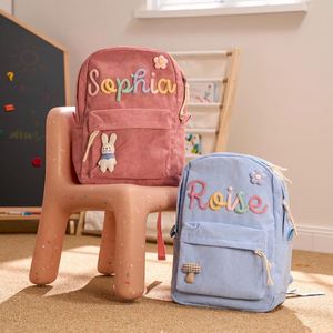 Sac à dos en velours côtelé personnalisé avec nom brodé, style mignon, sac d'école avec fermeture éclair, poche intérieure, monogramme pour tout-petits et enfants - Product Image 1