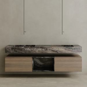 حجر ترافرتين فضي حوض مزدوج عائم زينة كبيرة الحجم مثبتة على الحائط مع أدراج تخزين خشبية - Product Image 2