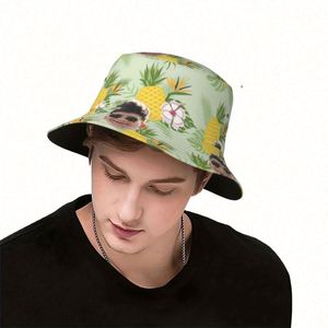 Custom Unisex Summer Bucket <b>Hat</b> with Tropical Pineapple Flower Pattern Personalized Cartoon Face Design Breathable Travel Cap - Product Image 3