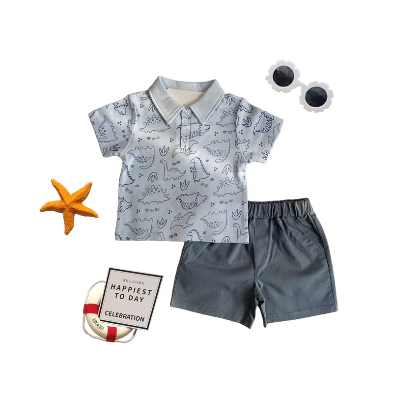 Vestiti estivi su misura per neonati a maniche corte con colletto rovesciato in cotone Top Shorts Set di abbigliamento per bambini