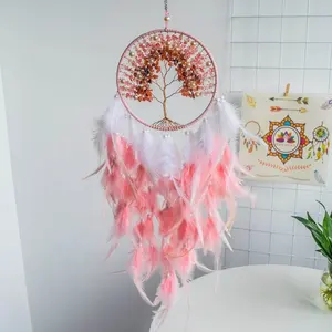 Dropshipping Handmade Hanging Rose Amethyst Crystal Dreamcatcher Tree of Life Gemstone Dream Catcher