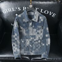 Veste en jean délavé et vieilli à imprimé intégral Louis Pixel Damier pour homme, style streetwear, avec revers et poches, manteau extérieur en jean