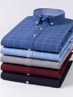 Kemeja Kancing Depan, Pria 100% Katun Oxford Motif Kotak-kotak, Kemeja Lengan Panjang Ukuran Besar untuk Kantor, Santai Sehari-hari