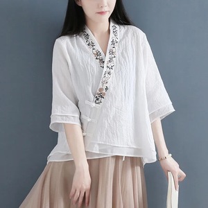 Women's Chinese Style Cotton Cardigan Light Green Embroidery Mid Sleeve Traditional Clothing - Product Image 2