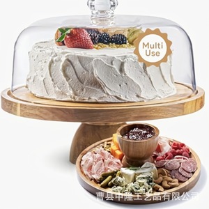 Wooden Cake And Dessert Display Stand With Transparent Lid Tall <b>Tray</b> For Bread And Fruit Serving - Product Image 2