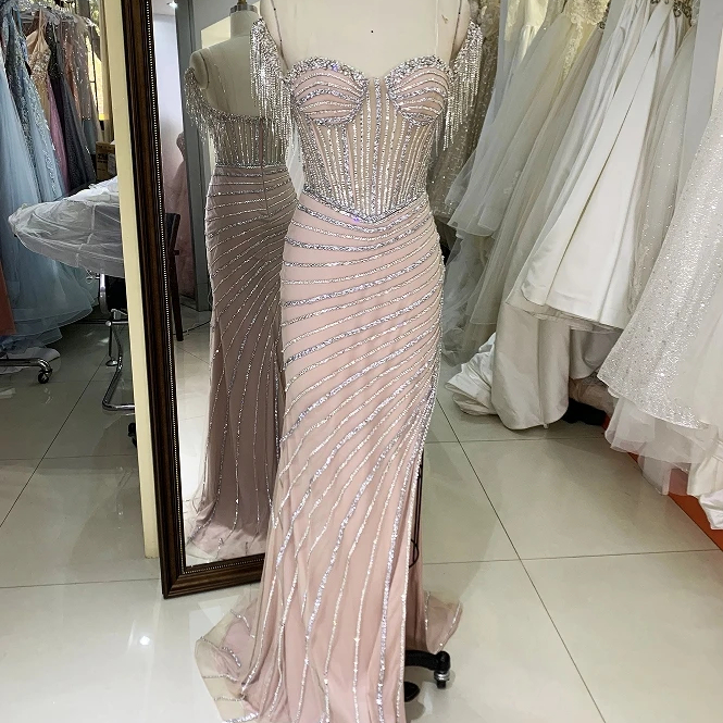 evening dress manufacturers Light Blue Off ShoulderTulle Split Prom Dress main image 0