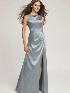 미니멀리스트 주름 장식 새틴 들러리 원피스-실버 회색 하이 슬릿 이브닝 가운 파티 원피스 - Product Image 3