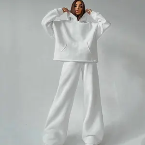  Moda Hoodies 2 parça setleri gevşek artı boyutu kadın Hoodies tişörtü yüksek bel Sweatpants geniş bacak serin bayanlar kış takım elbise