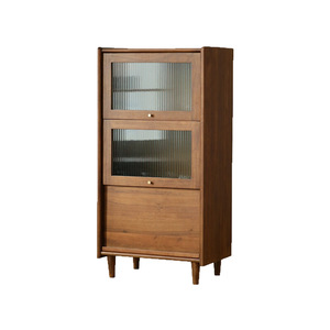 Nordic <b>Solid</b> <b>Wood</b> <b>Bookcase</b> 3 Compartments Vintage Cabinet Living Room Storage With Doors Floor Standing Cabinet - Product Image 5