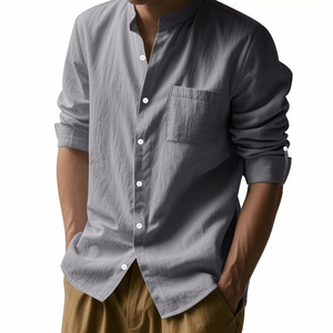Nuova <span class=keywords><strong>Camicia</strong></span> Casual da <span class=keywords><strong>Uomo</strong></span> in <span class=keywords><strong>Lino</strong></span> con Colletto Rialzato e Perline, Traspirante, Antipiega, Stile Cinese, con Tasche, per Primavera Autunno - Product Image 4