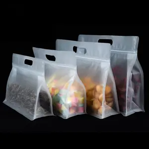 Custom Transparent Plastic Food Nuts Storage Pouches Wide Opening Flat Bottom Bag With Zipper And Handle Gift Bag