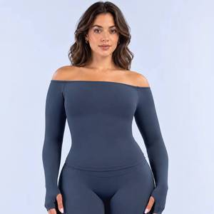 Custom <b>Women</b> Seamless Off Shoulder High Stretch Slim Fit Workout Gym Fitness <b>Long</b> <b>Sleeve</b> Shirt Yoga <b>Top</b> - Product Image 3