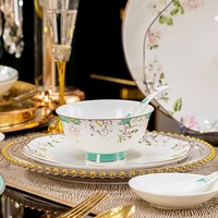 Service de Table de Luxe en Porcelaine Fine avec Bordure Vert Teal, Motif Floral et Oiseaux, Soupière Cygne, Design Moderne pour Mariage et Usage Domestique (pour 10+ personnes)