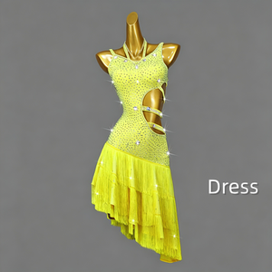 Robe de danse latine pour femme, franges, strass, costume de compétition de danse de salon, jaune, découpes asymétriques, performance scénique - Product Image 1