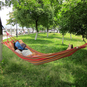 Zhejiang <b>Canvas</b> Hammock 100kg Load Durable Outdoor Leisure Hammock With <b>Round</b> Wood Support Rustic Design Style - Product Image 1