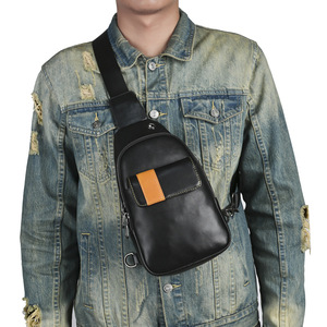 Sac de poitrine en cuir véritable pour homme, noir uni, sac bandoulière tendance pour les loisirs et les voyages, été 2025 - Product Image 1
