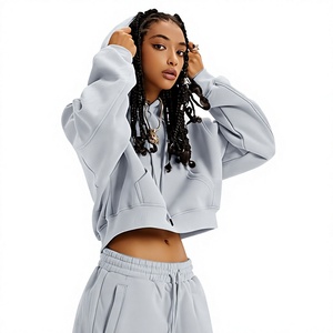 Conjunto de Sudadera y Pantalones de Chándal para Mujer, 2 Piezas, Gris Jaspeado, Sudadera Corta con Capucha y Pantalones de Felpa, Conjunto Coordinado para Descansar, Proveedor Mayorista, MOQ Bajo - Product Image 4